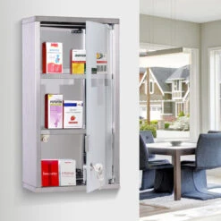 HOMCOM Armoire à Pharmacie 2 étagères 3 Niveaux Verrouillable Porte Verre Trempé Dépoli Logo Croix 25L X 12l X 48H Cm Acier Inox -Songmics Soldes Magasin 1027176 2