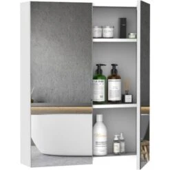 HOMCOM Armoire Avec Miroir En Bois Rangement Salle De Bain Fermeture Porte Tampon MDF Blanc
