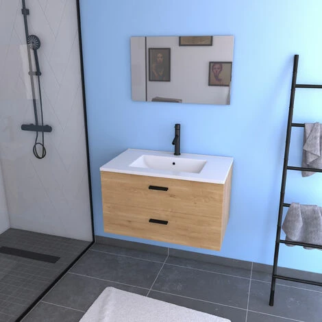 Meuble Salle De Bain 80 Cm Monte Suspendu Decor Bois H46xL80xP45cm - Avec Tiroirs - Vasque Et Miroir 3 Meuble Salle De Bain 80 Cm Monte Suspendu Decor Bois H46xL80xP45cm - Avec Tiroirs - Vasque Et Miroir