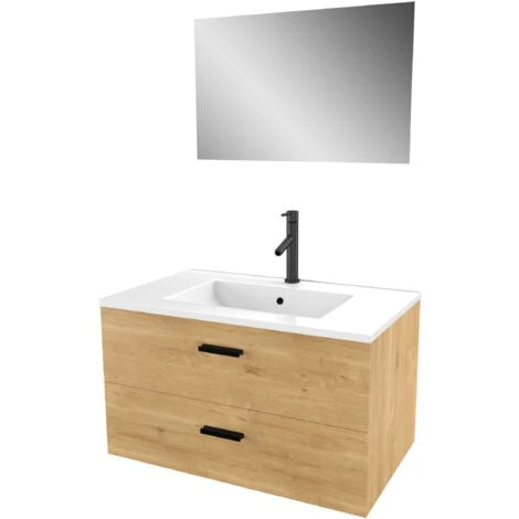 Meuble Salle De Bain 80 Cm Monte Suspendu Decor Bois H46xL80xP45cm - Avec Tiroirs - Vasque Et Miroir 5 Meuble Salle De Bain 80 Cm Monte Suspendu Decor Bois H46xL80xP45cm - Avec Tiroirs - Vasque Et Miroir – Image 3