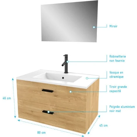 Meuble Salle De Bain 80 Cm Monte Suspendu Decor Bois H46xL80xP45cm - Avec Tiroirs - Vasque Et Miroir 6 Meuble Salle De Bain 80 Cm Monte Suspendu Decor Bois H46xL80xP45cm - Avec Tiroirs - Vasque Et Miroir – Image 4