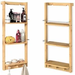 Étagère De Douche En Bambou Avec 3 Compartiments 3 Crochets Serviteur De Douche 70x28,5x10 Cm Charge Max 15kg -Songmics Soldes Magasin 19215146 3