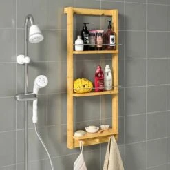 Étagère De Douche En Bambou Avec 3 Compartiments 3 Crochets Serviteur De Douche 70x28,5x10 Cm Charge Max 15kg -Songmics Soldes Magasin 19215146 4