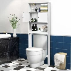 COSTWAY Etagère Dessus Toilette, Armoire De Rangement Pour Salle De Bain Avec Placard Avec Portes, Meuble Rangement Compact, 63 X 19,5 X 175 CM