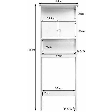 COSTWAY Etagère Dessus Toilette, Armoire De Rangement Pour Salle De Bain Avec Placard Avec Portes, Meuble Rangement Compact, 63 X 19,5 X 175 CM 7 COSTWAY Etagère Dessus Toilette, Armoire De Rangement Pour Salle De Bain Avec Placard Avec Portes, Meuble Rangement Compact, 63 X 19,5 X 175 CM – Image 5