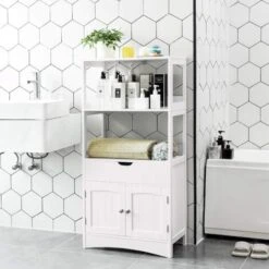 Songmics Meuble De Salle De Bain, Avec Tiroir, 2 Compartiments Ouverts, 2 Portes, Placard 4 étages, 60 X 32,5 X 122 Cm, Blanc 8 Songmics Meuble De Salle De Bain, Avec Tiroir, 2 Compartiments Ouverts, 2 Portes, Placard 4 étages, 60 X 32,5 X 122 Cm, Blanc -Songmics Soldes Magasin 23734187 2