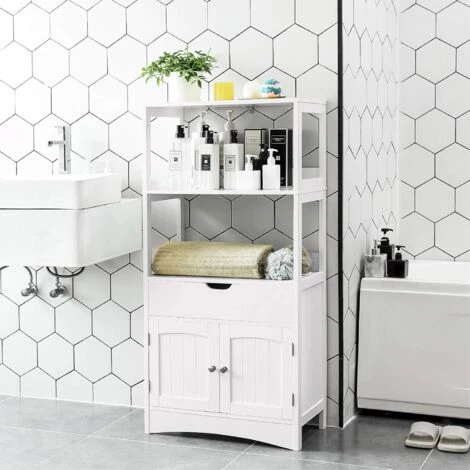 Songmics Meuble De Salle De Bain, Avec Tiroir, 2 Compartiments Ouverts, 2 Portes, Placard 4 étages, 60 X 32,5 X 122 Cm, Blanc 4 Songmics Meuble De Salle De Bain, Avec Tiroir, 2 Compartiments Ouverts, 2 Portes, Placard 4 étages, 60 X 32,5 X 122 Cm, Blanc – Image 2