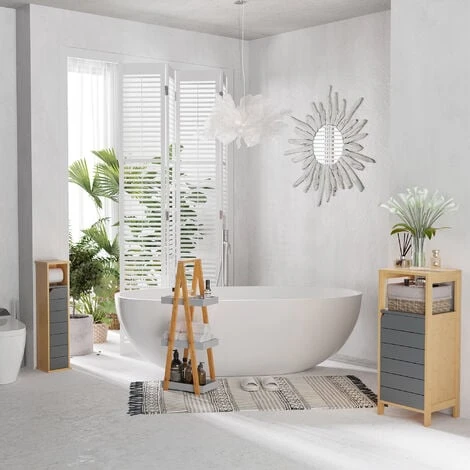 HOMCOM Support Papier Toilette - Porte-papier Toilette - Armoire Pour Papier Toilette - 2 Niveaux + Sortie Papier MDF Gris Bambou 4 HOMCOM Support Papier Toilette - Porte-papier Toilette - Armoire Pour Papier Toilette - 2 Niveaux + Sortie Papier MDF Gris Bambou – Image 2