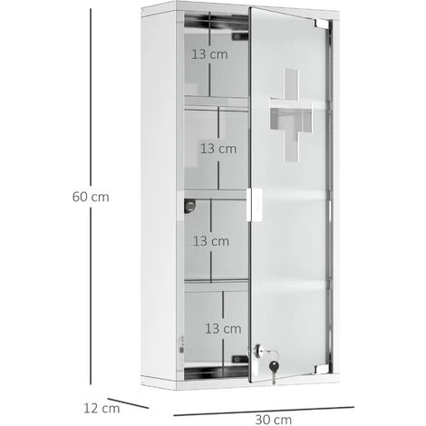 HOMCOM Armoire à Pharmacie 3 étagères 4 Niveaux 30L X 12l X 60H Cm Porte Verre Trempé Symbole Croix Acier Inoxydable Brossé 5 HOMCOM Armoire à Pharmacie 3 étagères 4 Niveaux 30L X 12l X 60H Cm Porte Verre Trempé Symbole Croix Acier Inoxydable Brossé – Image 3