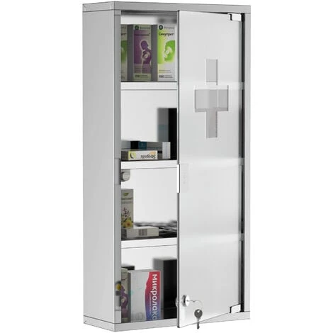 HOMCOM Armoire à Pharmacie 3 étagères 4 Niveaux 30L X 12l X 60H Cm Porte Verre Trempé Symbole Croix Acier Inoxydable Brossé 6 HOMCOM Armoire à Pharmacie 3 étagères 4 Niveaux 30L X 12l X 60H Cm Porte Verre Trempé Symbole Croix Acier Inoxydable Brossé – Image 4
