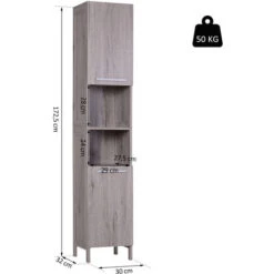 HOMCOM Meuble Colonne Rangement Salle De Bain Dim. 30L X 32l X 172H Cm 2 Placards Avec étagère + 2 Niches MDF Imitation Bois Gris -Songmics Soldes Magasin 25007211 3