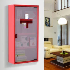 HOMCOM Armoire à Pharmacie 3 étagères 4 Niveaux Verrouillable Porte Verre Trempé Dépoli Logo Croix 30L X 12l X 60H Cm Acier Inox Rouge 8 HOMCOM Armoire à Pharmacie 3 étagères 4 Niveaux Verrouillable Porte Verre Trempé Dépoli Logo Croix 30L X 12l X 60H Cm Acier Inox Rouge -Songmics Soldes Magasin 25008663 2