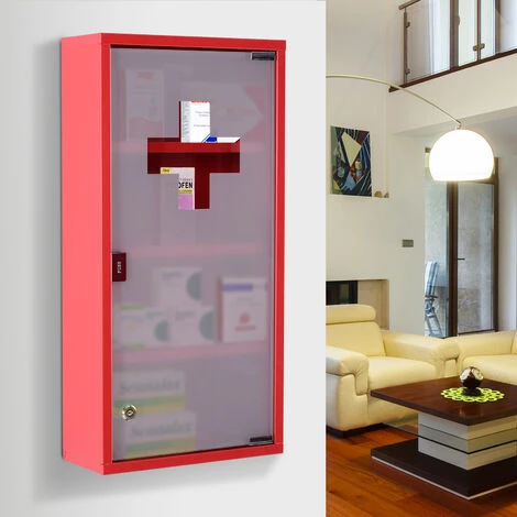 HOMCOM Armoire à Pharmacie 3 étagères 4 Niveaux Verrouillable Porte Verre Trempé Dépoli Logo Croix 30L X 12l X 60H Cm Acier Inox Rouge 4 HOMCOM Armoire à Pharmacie 3 étagères 4 Niveaux Verrouillable Porte Verre Trempé Dépoli Logo Croix 30L X 12l X 60H Cm Acier Inox Rouge – Image 2