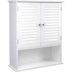 Placard Meuble Mural Meuble De Rangement Suspendu Pour Salle De Bains Armoire à Pharmacie Avec étagère Réglable Double Porte Et étagère Ouverte 70 Cm MDF Blanc