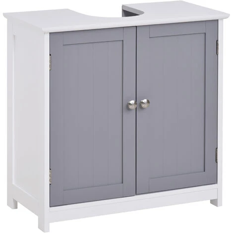 Meuble Salle De Bain - Meuble Sous-vasque - Placard 2 Portes Avec étagère - Dim. 60L X 30l X 60H Cm - MDF Gris Blanc 3 Meuble Salle De Bain - Meuble Sous-vasque - Placard 2 Portes Avec étagère - Dim. 60L X 30l X 60H Cm - MDF Gris Blanc