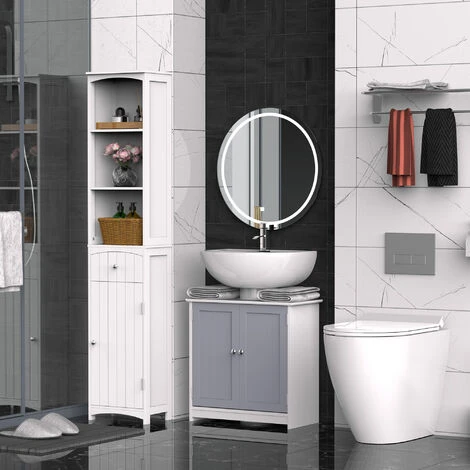 Meuble Salle De Bain - Meuble Sous-vasque - Placard 2 Portes Avec étagère - Dim. 60L X 30l X 60H Cm - MDF Gris Blanc 4 Meuble Salle De Bain - Meuble Sous-vasque - Placard 2 Portes Avec étagère - Dim. 60L X 30l X 60H Cm - MDF Gris Blanc – Image 2