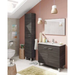 Dmora Colonne De Salle De Bains Hollywood, Meuble Colonne Pour Salle De Bain Avec 2 Portes, Armoire Murale Suspendue Avec 2 étagères, Cm 30x25h182, Cendre Grise, Avec Emballage Renforcé