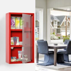 Armoire à Pharmacie 2 étagères 3 Niveaux Verrouillable Porte Verre Trempé Dépoli Logo Croix 25L X 12l X 48H Cm Acier Rouge -Songmics Soldes Magasin 35114701 2