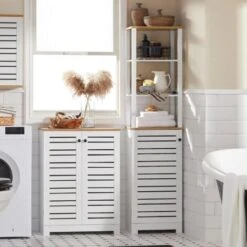 SoBuy BZR41-W Meuble Bas Placard De Rangement Armoire Pour Cuisine, Salle De Bain, Toilette, Meuble De Salle De Bain Avec 2 Portes Persiennes -Songmics Soldes Magasin 36910198 2