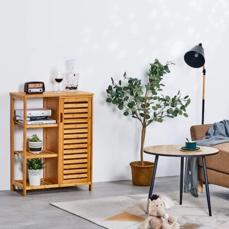 VIAGDO Meuble Salle De Bain En Bambou, Meuble De Rangement Avec 1 Porte Persienne Et 3 étagères Ouvertes, Buffet, Armoire, Placard, Pour Salle De Bain, Cuisine, Salon, Bureau Et Entrée, 66x33x87cm 5 VIAGDO Meuble Salle De Bain En Bambou, Meuble De Rangement Avec 1 Porte Persienne Et 3 étagères Ouvertes, Buffet, Armoire, Placard, Pour Salle De Bain, Cuisine, Salon, Bureau Et Entrée, 66x33x87cm – Image 3