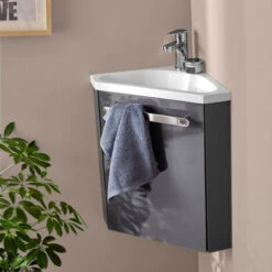 Ensemble Meuble Lave-mains D'angle Gris SKINO Avec Robinet Chromé