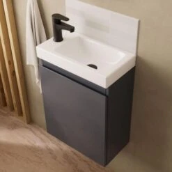 Ensemble Meuble Lave-mains Gris LISA Avec Robinet Noir 11 Ensemble Meuble Lave-mains Gris LISA Avec Robinet Noir -Songmics Soldes Magasin 39953421 5