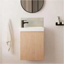 Ensemble Meuble Lave-mains Décor Chêne LISA Avec Robinet Noir