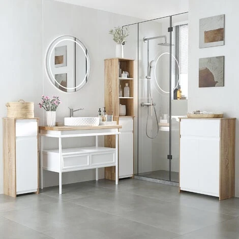 Meuble Colonne Rangement Salle De Bain Style Cosy 3 Niches Tiroir Placard Avec étagère Blanc Aspect Chêne Clair 4 Meuble Colonne Rangement Salle De Bain Style Cosy 3 Niches Tiroir Placard Avec étagère Blanc Aspect Chêne Clair – Image 2