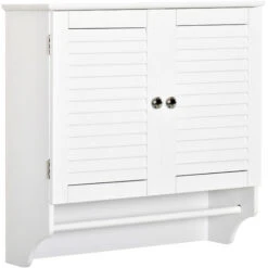 Armoire Haute Murale Salle De Bain Ou WC - Placard 2 Portes Persiennes Avec étagère - Porte-serviette - MDF Blanc