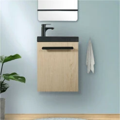 Ensemble Meuble Lave-mains Décor Chêne Vasque Noire NEVADA Avec Robinet Noir