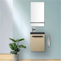 Ensemble Meuble Lave-mains Décor Chêne Vasque Noire NEVADA + Miroir + Robinet Chromé