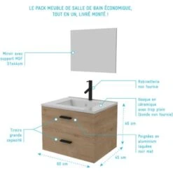 Meuble Salle De Bain 60 Cm Suspendu 2 Tiroirs Finition Bois Avec Vasque Et Miroir - BOX-IN 60 WOOD -Songmics Soldes Magasin 44096553 4