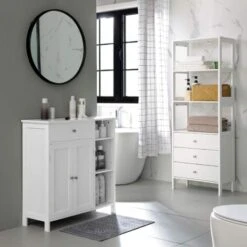 Songmics Meuble De Salle De Bain Avec Tiroir, 3 Compartiments Ouverts, étagères Réglables, 2 Portes, 75 X 30 X 80 Cm, Style Nordique Scandinave, Blanc Mat 8 Songmics Meuble De Salle De Bain Avec Tiroir, 3 Compartiments Ouverts, étagères Réglables, 2 Portes, 75 X 30 X 80 Cm, Style Nordique Scandinave, Blanc Mat -Songmics Soldes Magasin 45294801 2