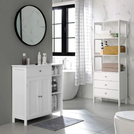 Songmics Meuble De Salle De Bain Avec Tiroir, 3 Compartiments Ouverts, étagères Réglables, 2 Portes, 75 X 30 X 80 Cm, Style Nordique Scandinave, Blanc Mat 4 Songmics Meuble De Salle De Bain Avec Tiroir, 3 Compartiments Ouverts, étagères Réglables, 2 Portes, 75 X 30 X 80 Cm, Style Nordique Scandinave, Blanc Mat – Image 2