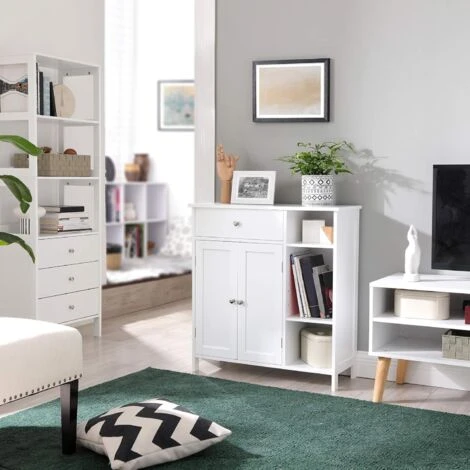 Songmics Meuble De Salle De Bain Avec Tiroir, 3 Compartiments Ouverts, étagères Réglables, 2 Portes, 75 X 30 X 80 Cm, Style Nordique Scandinave, Blanc Mat 5 Songmics Meuble De Salle De Bain Avec Tiroir, 3 Compartiments Ouverts, étagères Réglables, 2 Portes, 75 X 30 X 80 Cm, Style Nordique Scandinave, Blanc Mat – Image 3