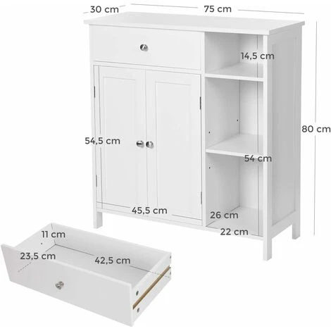 Songmics Meuble De Salle De Bain Avec Tiroir, 3 Compartiments Ouverts, étagères Réglables, 2 Portes, 75 X 30 X 80 Cm, Style Nordique Scandinave, Blanc Mat 7 Songmics Meuble De Salle De Bain Avec Tiroir, 3 Compartiments Ouverts, étagères Réglables, 2 Portes, 75 X 30 X 80 Cm, Style Nordique Scandinave, Blanc Mat – Image 5
