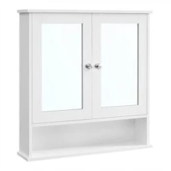 Songmics Armoire Murale Salle De Bain, Placard De Rangement Toilettes, Avec 2 Portes Et Miroirs, 3 Niveaux, Étagères à Hauteur Réglable, 56 X 13 X 58 Cm, Blanc