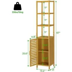 VIAGDO Armoire De Salle De Bain En Bambou Armoire Haute, Armoire De Salle De Bain Avec 3 étagères Ouvertes, étagère De Cuisine étroite, Bibliothèque, Pour Le Salon, L'entrée, La Cuisine, La Chambre à Coucher, 34 X 33 X 170 Cm -Songmics Soldes Magasin 48223615 4