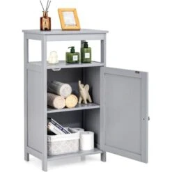 COSTWAY Armoire De Rangement De Salle De Bain, Meuble De Rangement Avec Étagère Ouverte Et Placard à Porte, 45 X 30 X 84 Cm Gris