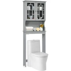 COSTWAY Meuble Dessus Toilette WC Colonne De Salle De Bain Avec 2 Portes Étagère De Salle De Bain Armoire De Toilettes WC Gris
