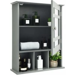 COSTWAY Armoire De Salle De Bain Murale Avec Miroir Impérméable Fait En MDF Avec 2 Etagères Réglables Et 3 Compartiments Gris