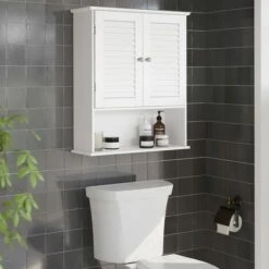 Songmics Meuble Mural Pour Salle De Bains, Avec Étagère Réglable, Double Porte Et Étagère Ouverte, 60 X 20 X 70 Cm, Ligneux, Blanc -Songmics Soldes Magasin 53589826 2