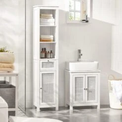 SoBuy BZR36-W Meuble Colonne De Salle De Bain Armoire Haute Placard De Rangement Avec 1 Porte En Ploy Rotin, 1 Tiroir Et 3 étagères, Blanc -Songmics Soldes Magasin 53717898 2