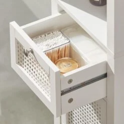 SoBuy BZR36-W Meuble Colonne De Salle De Bain Armoire Haute Placard De Rangement Avec 1 Porte En Ploy Rotin, 1 Tiroir Et 3 étagères, Blanc -Songmics Soldes Magasin 53717898 4