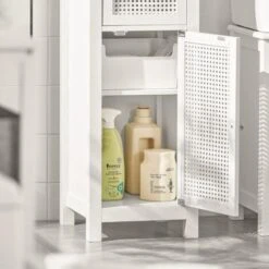 SoBuy BZR36-W Meuble Colonne De Salle De Bain Armoire Haute Placard De Rangement Avec 1 Porte En Ploy Rotin, 1 Tiroir Et 3 étagères, Blanc -Songmics Soldes Magasin 53717898 5