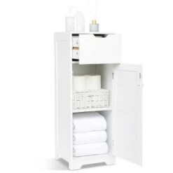 Meuble De Salle De Bain - Colonne De Rangement Avec 1 Tiroir 1 Porte Et 2 Étagères, En Bois MDF Blanc Laqué - Meerveil