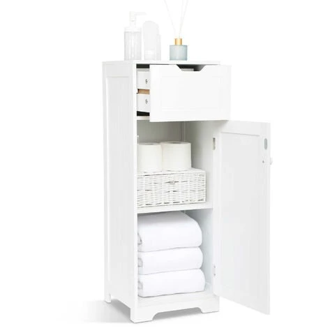 Meuble De Salle De Bain - Colonne De Rangement Avec 1 Tiroir 1 Porte Et 2 Étagères, En Bois MDF Blanc Laqué - Meerveil 3 Meuble De Salle De Bain - Colonne De Rangement Avec 1 Tiroir 1 Porte Et 2 Étagères, En Bois MDF Blanc Laqué - Meerveil
