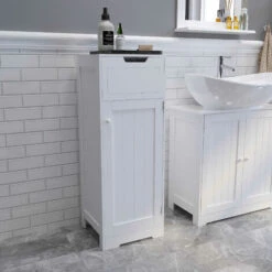 Meuble De Salle De Bain - Colonne De Rangement Avec 1 Tiroir 1 Porte Et 2 Étagères, En Bois MDF Blanc Laqué - Meerveil 10 Meuble De Salle De Bain - Colonne De Rangement Avec 1 Tiroir 1 Porte Et 2 Étagères, En Bois MDF Blanc Laqué - Meerveil -Songmics Soldes Magasin 53940182 4