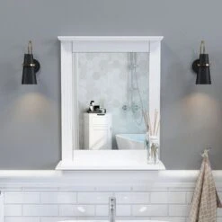 Miroir Mural - Miroir Salle De Bain Blanc Rectangulaire En MDF Avec Étagère, Pour Salle De Bain Entrée Couloir-Meerveil