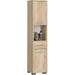 Colonne Salle De Bains AKORD FIN Chêne Sonoma 30 Cm 2 Portes 1 Tiroir Façade Chêne Sonoma 5 étagères 30x30x140 Cm
